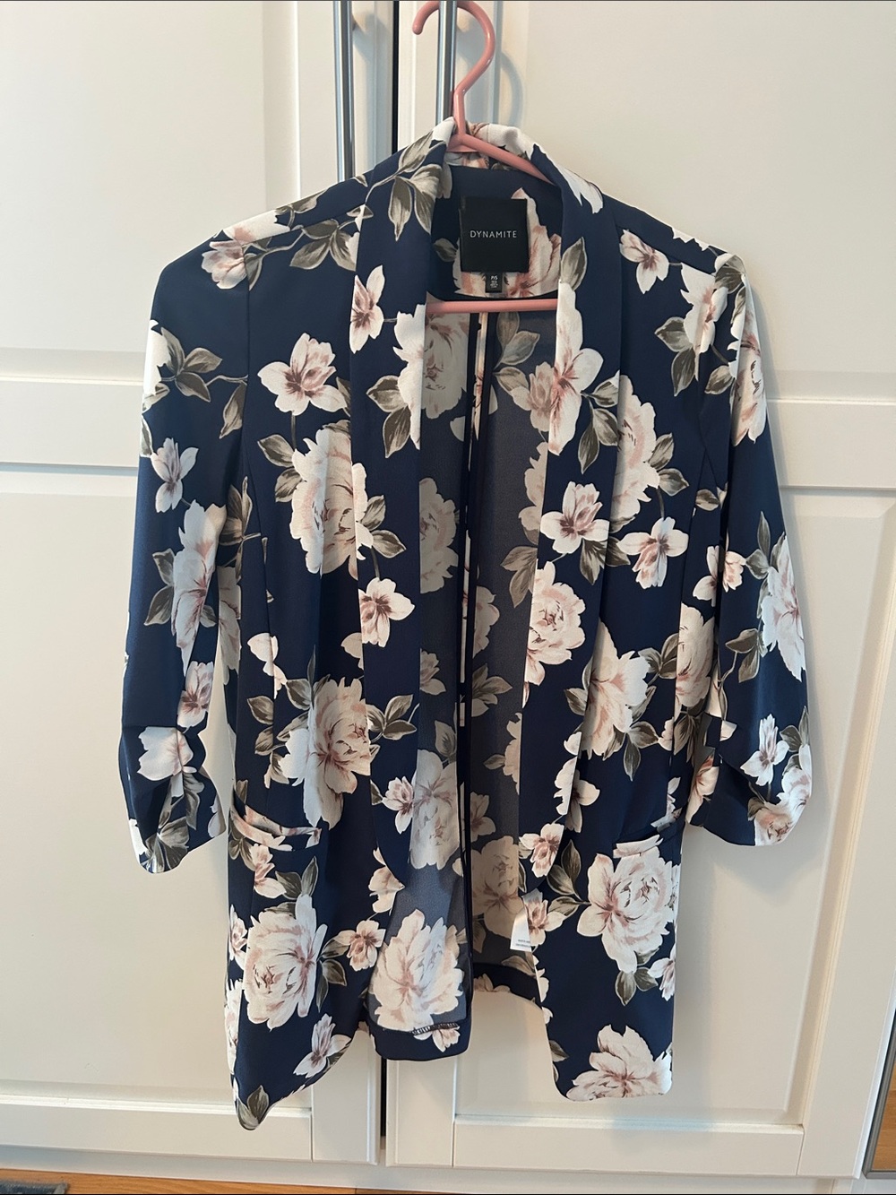 Dynamite Navy Floral Open-Front Long Blazer